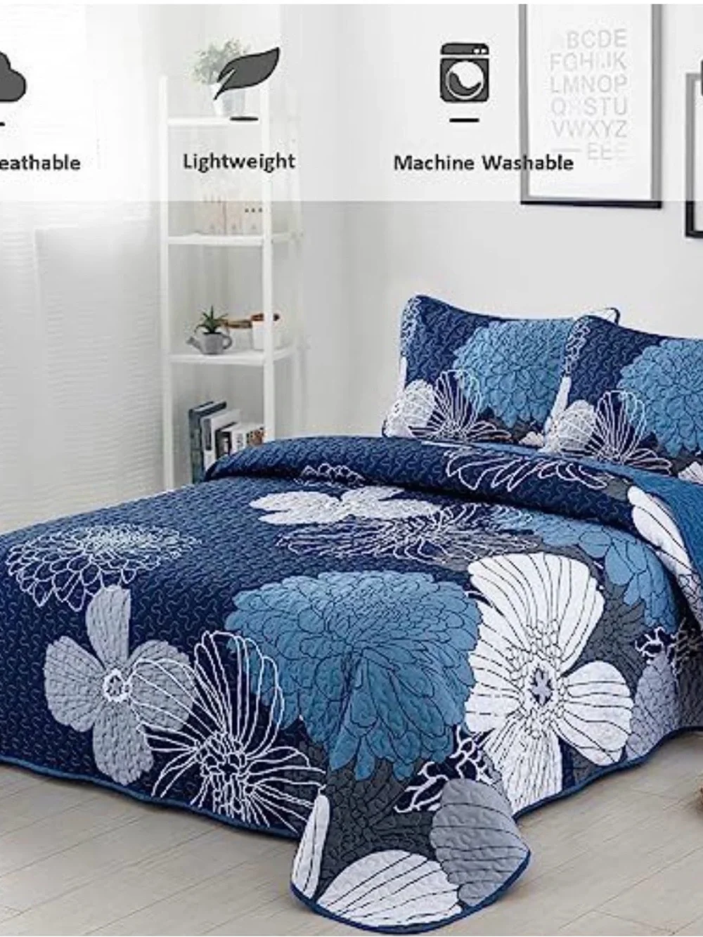 Floral Quilted Bedspread Set in Navy and Blue